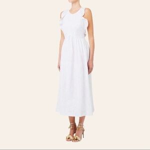 Seed Heritage Frill Detail Maxi White Eyelet Sleeveless Linen Blend Dress NWT